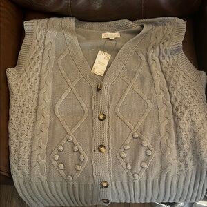 Gray Cable Knit Button-Up Sweater Vest
